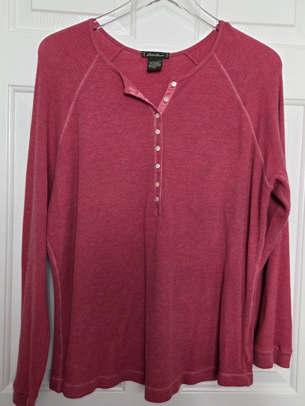 Eddie Bauer Women's 2X Henley Top Waffle Knit Pink Red Pima Cotton Blend
